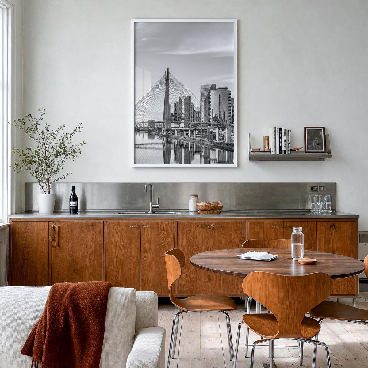 São Paulo black & white photo poster of Brazil – vertical wall art in white wood frame, hanging on wall