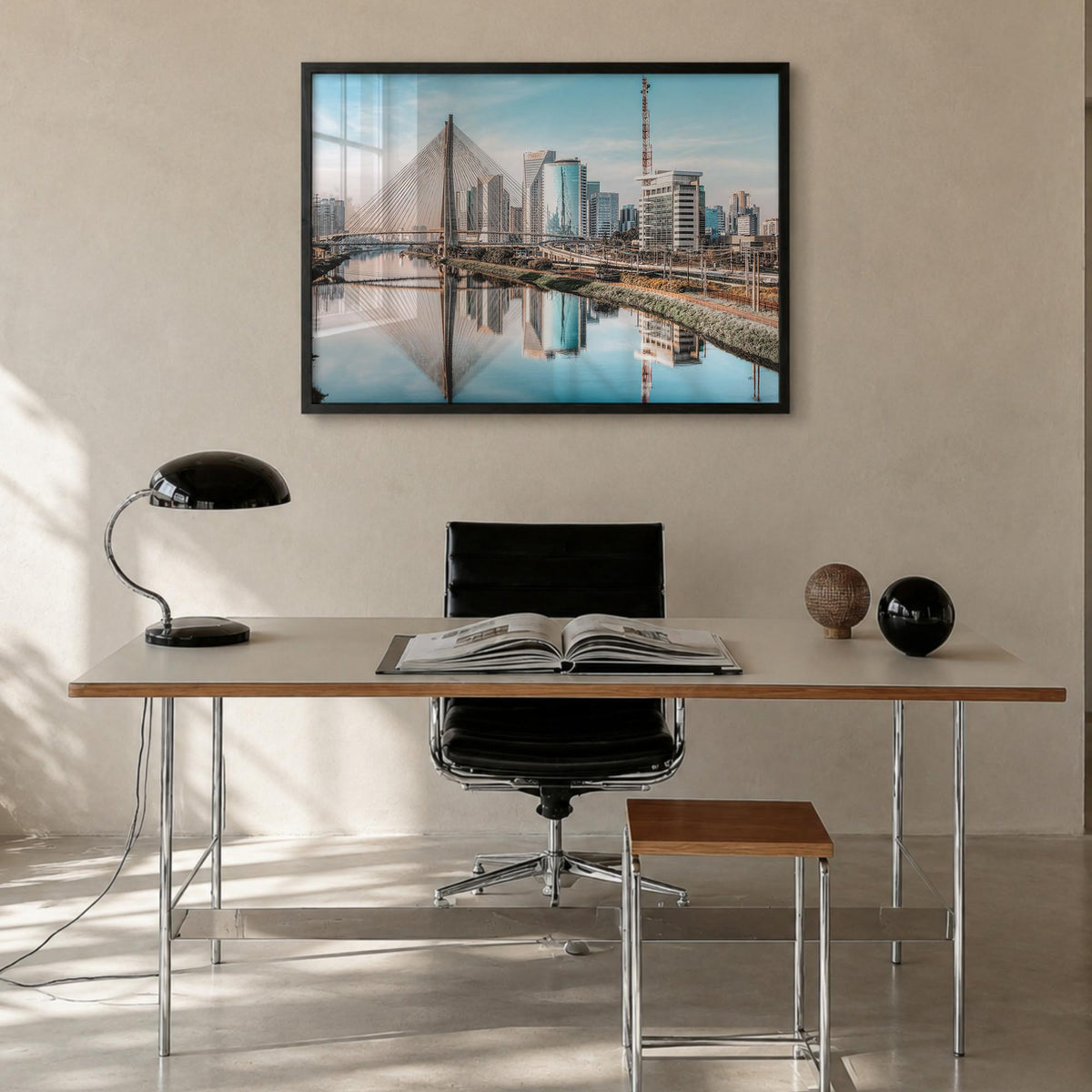 São Paulo colorful photo poster of Brazil – horizontal wall art in black wood frame, hanging on wall