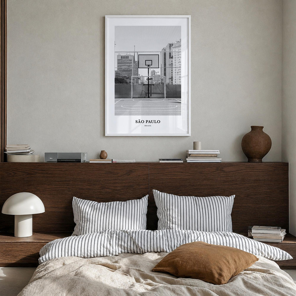 São Paulo no. 1 black & white classic poster of Brazil – vertical wall art in white wood frame, hanging on wall