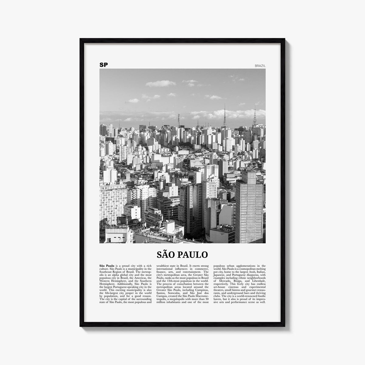 São Paulo no. 1 black & white newspaper poster of Brazil – vertical wall art, unframed print shown in interior mockup