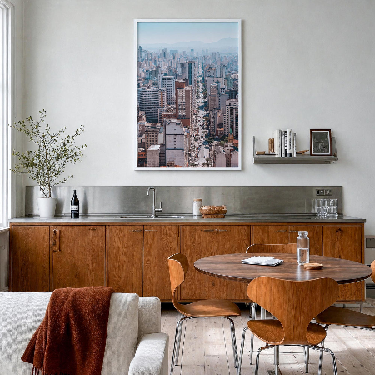 São Paulo no. 1 colorful photo poster of Brazil – vertical wall art in white wood frame, hanging on wall