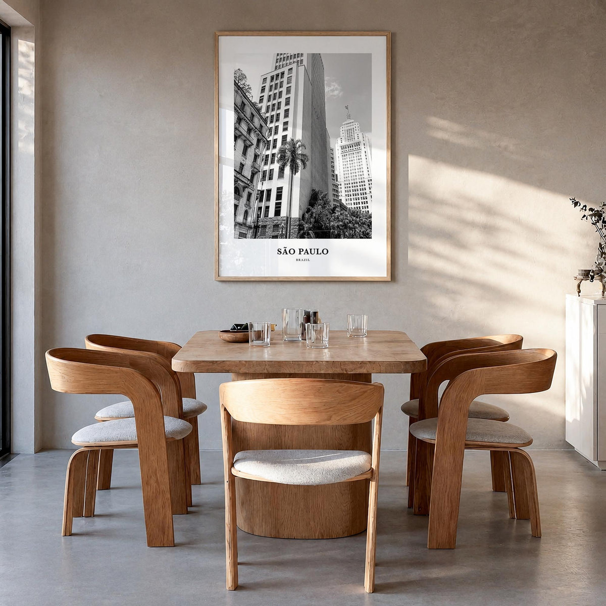São Paulo no. 2 black & white classic poster of Brazil – vertical wall art in natural wood frame, hanging on wall
