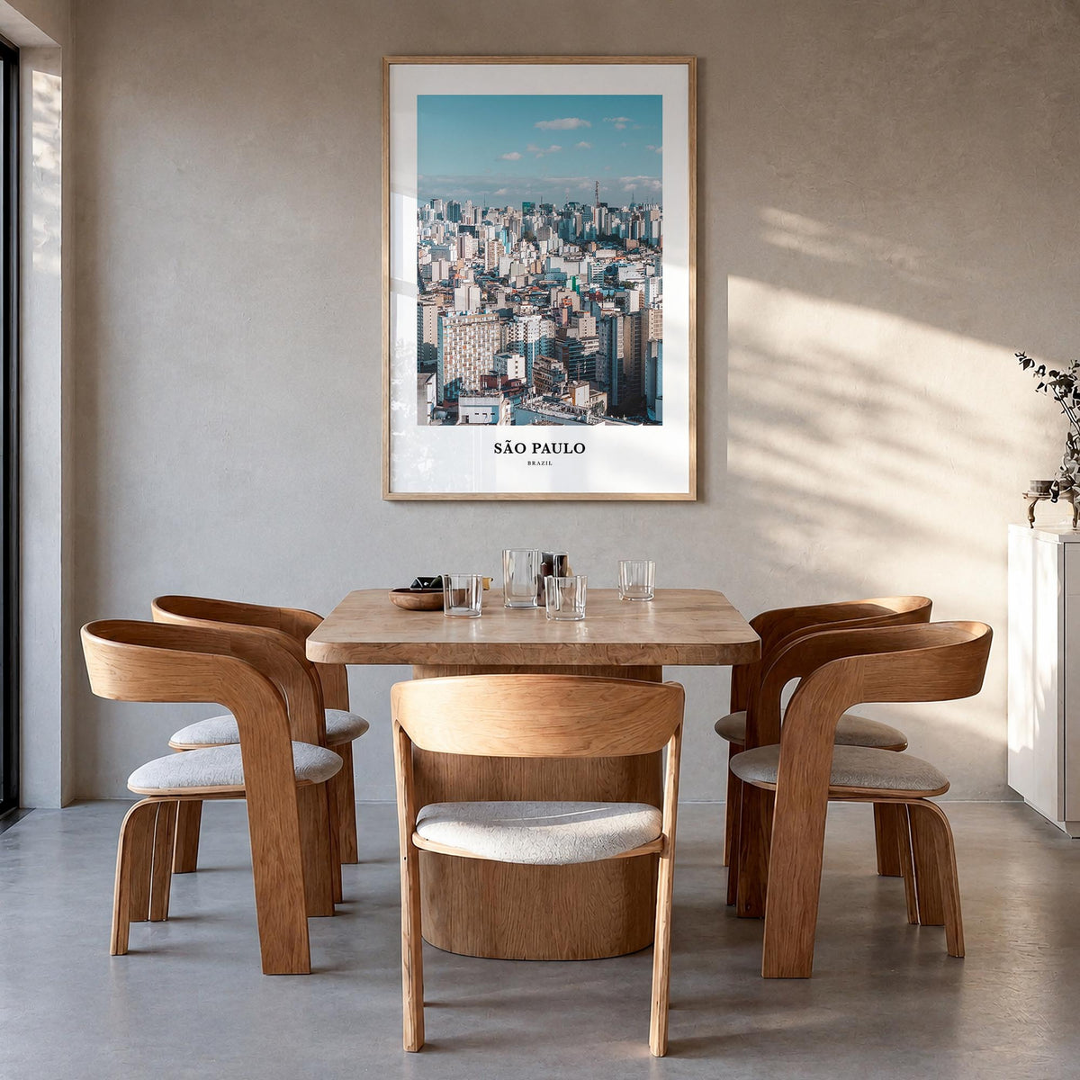 São Paulo no. 2 colorful classic poster of Brazil – vertical wall art in natural wood frame, hanging on wall