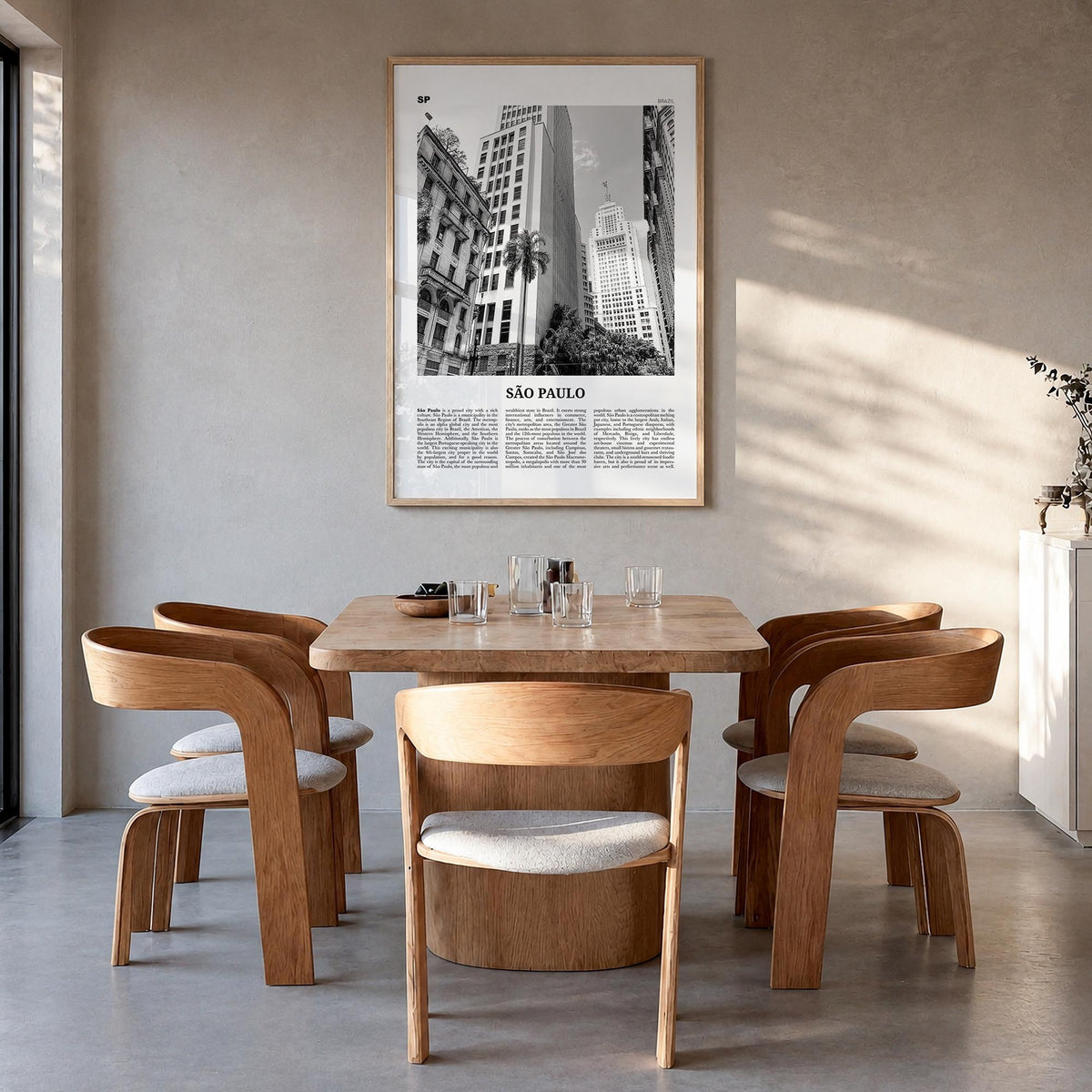 São Paulo no. 3 black & white newspaper poster of Brazil – vertical wall art in natural wood frame, hanging on wall