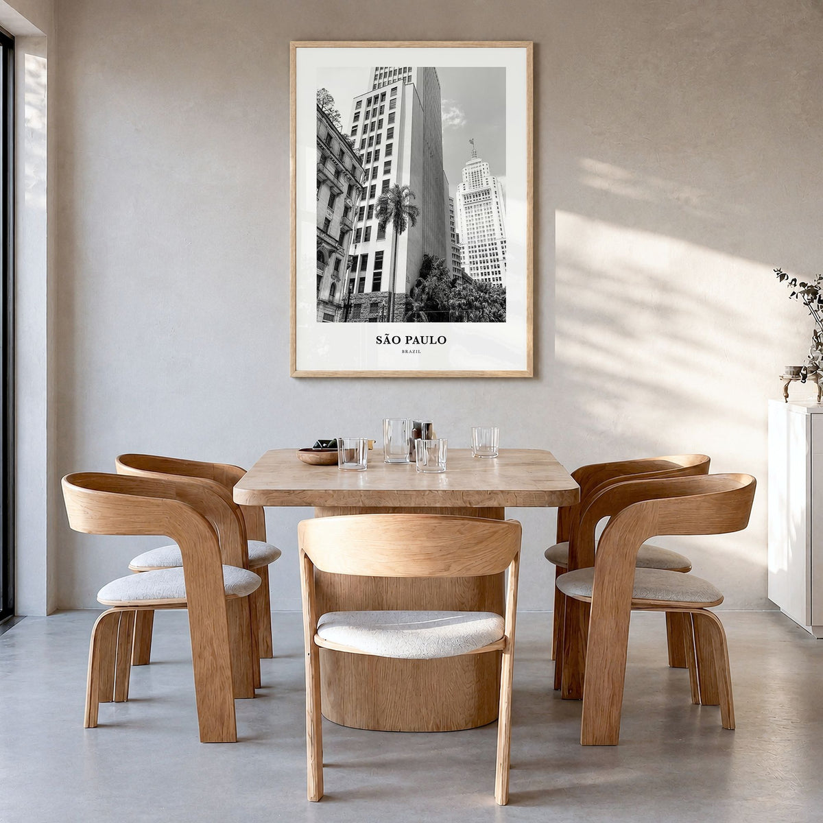 São Paulo Classic No 2 Poster in a natural wood frame, hanging in a dining room