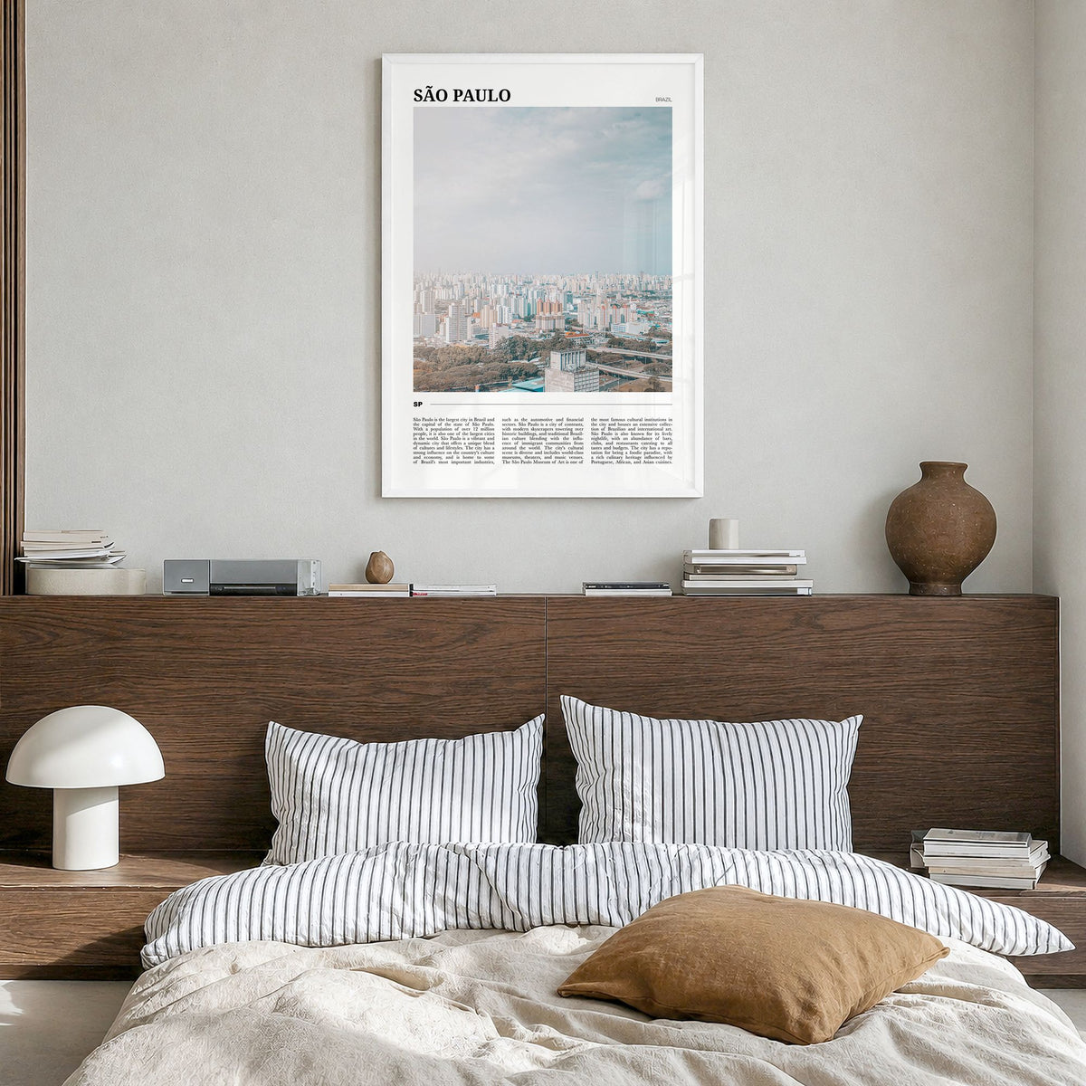 São Paulo Travel No 1 Poster in a white wood frame, hanging in a bedroom