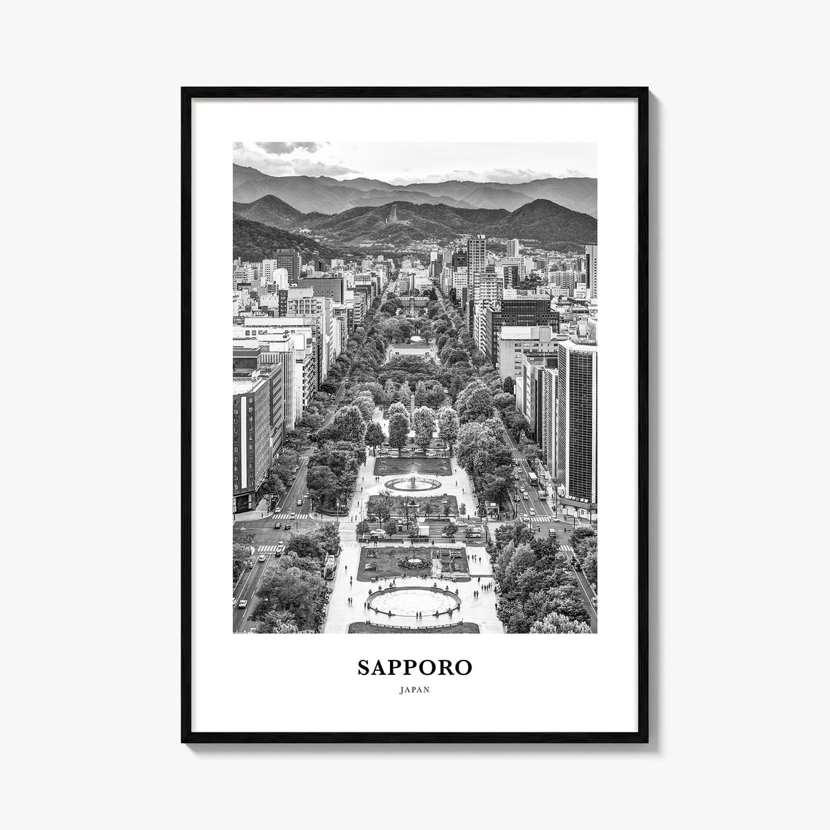 Sapporo black & white classic poster of Japan – vertical wall art, unframed print shown in interior mockup