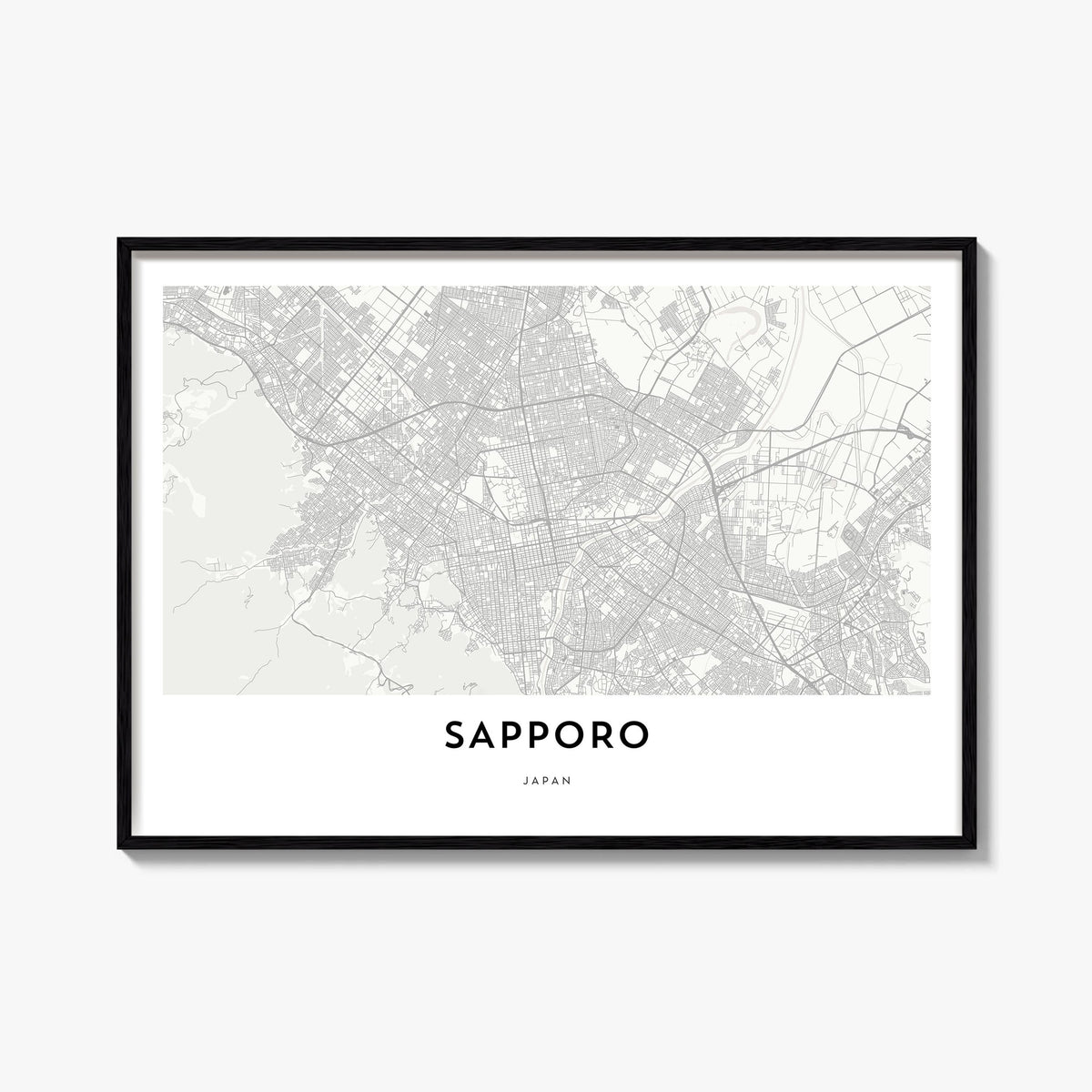 Sapporo black & white map poster of Japan – horizontal wall art, unframed print shown in interior mockup