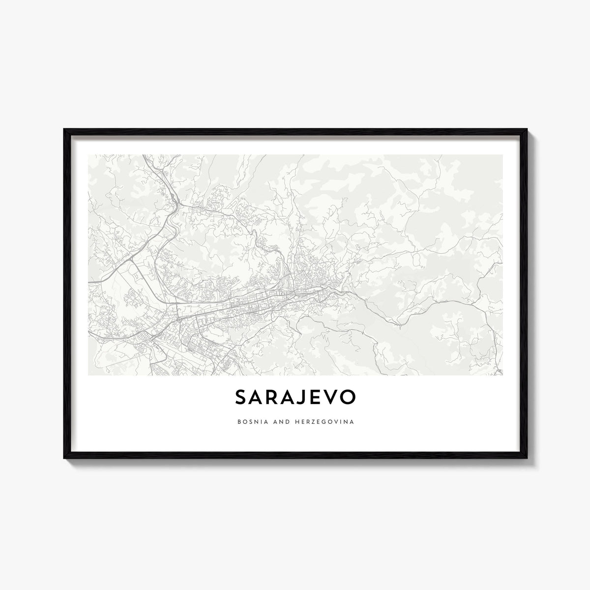 Sarajevo black & white map poster of Bosnia and Herzegovina – horizontal wall art, unframed print shown in interior mockup