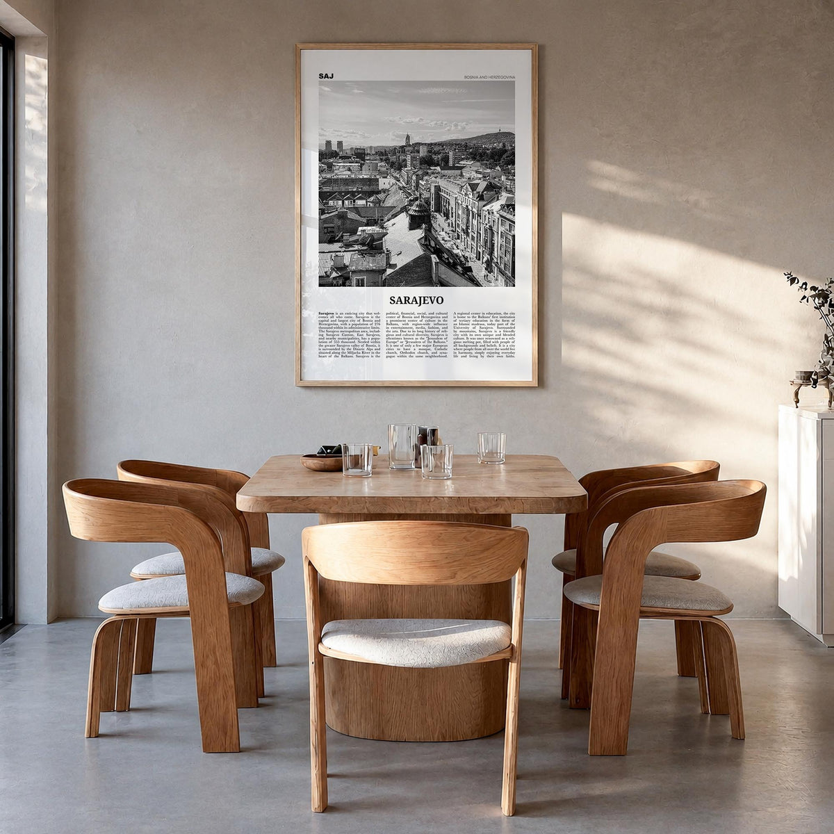 Sarajevo black & white newspaper poster of Bosnia and Herzegovina – vertical wall art in natural wood frame, hanging on wall
