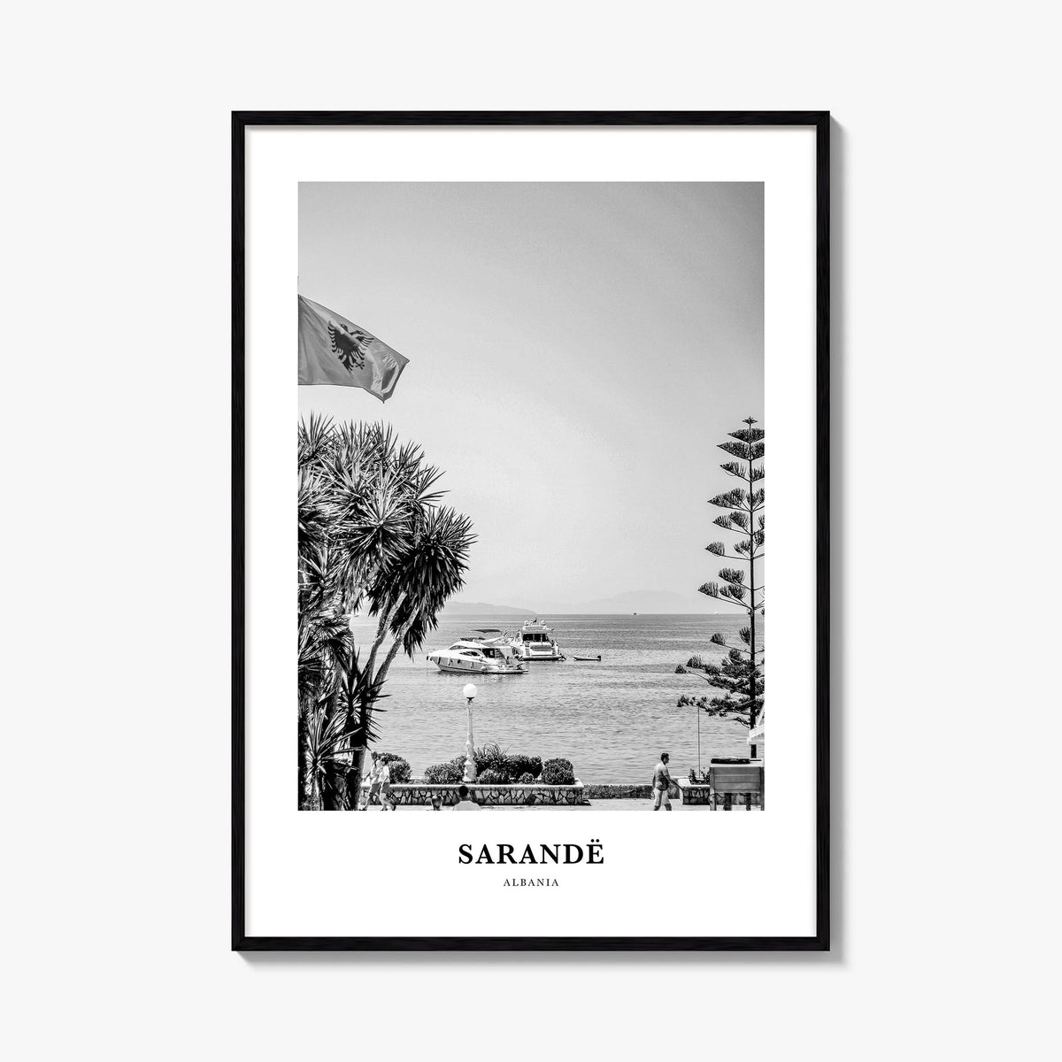 Sarandë black & white classic poster of Albania – vertical wall art, unframed print shown in interior mockup