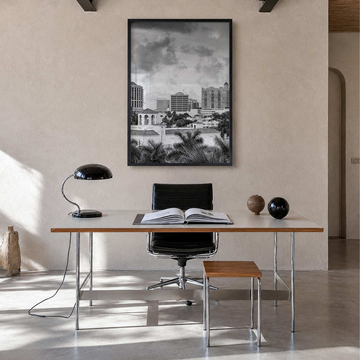 Sarasota black & white photo poster of Florida, USA – vertical wall art in black wood frame, hanging on wall