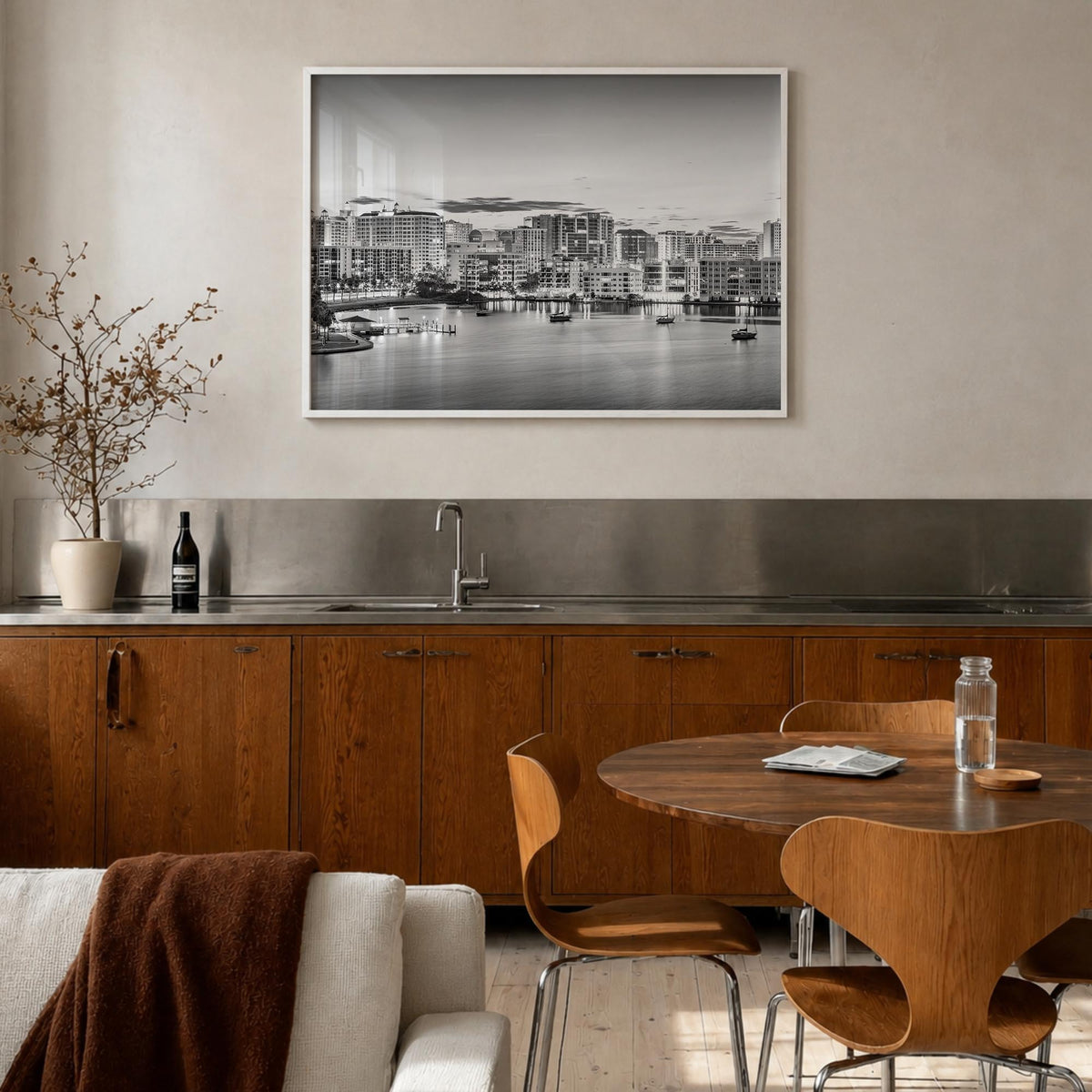 Sarasota black & white photo poster of Florida, USA – horizontal wall art in white wood frame, hanging on wall