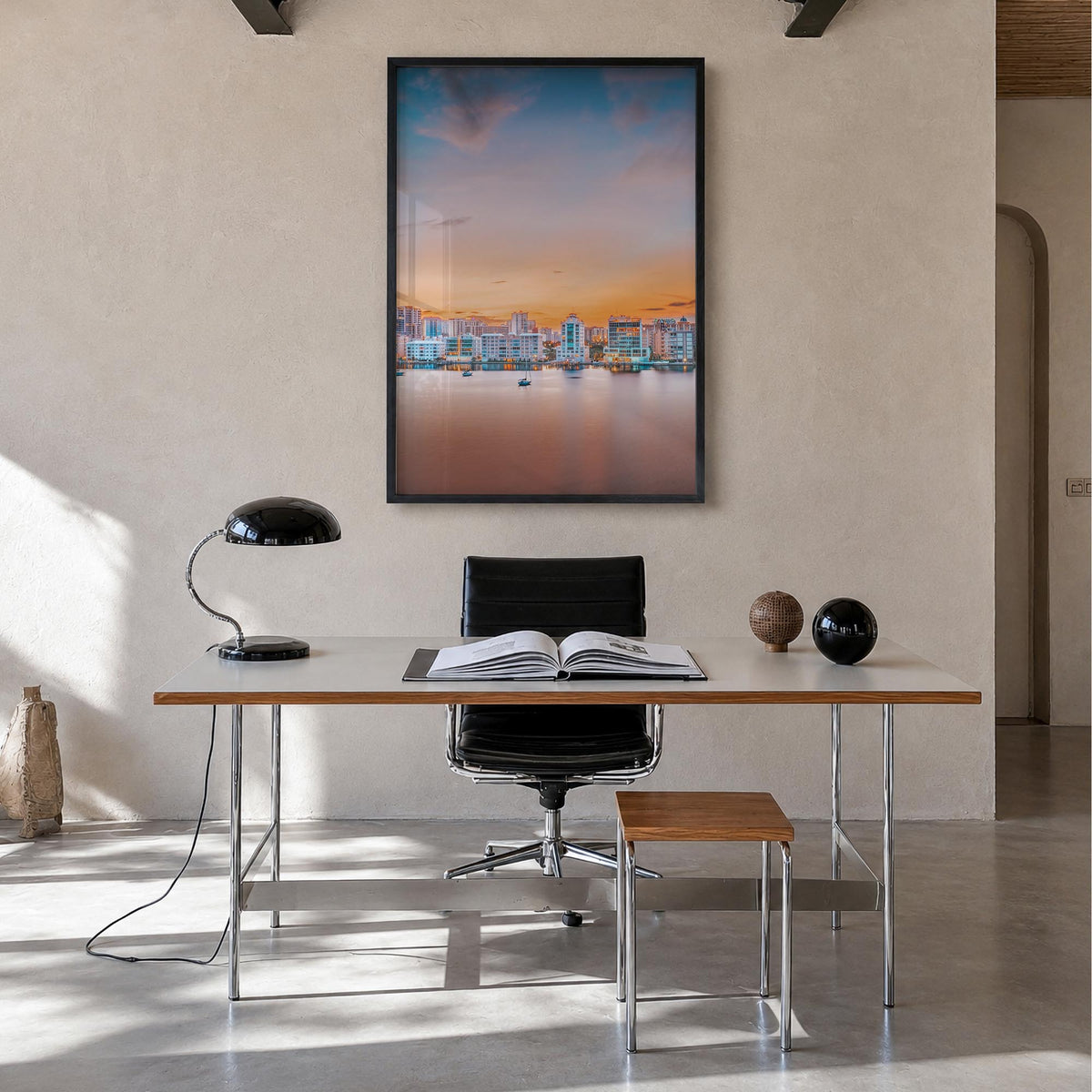 Sarasota no. 1 colorful photo poster of Florida, USA – vertical wall art in black wood frame, hanging on wall
