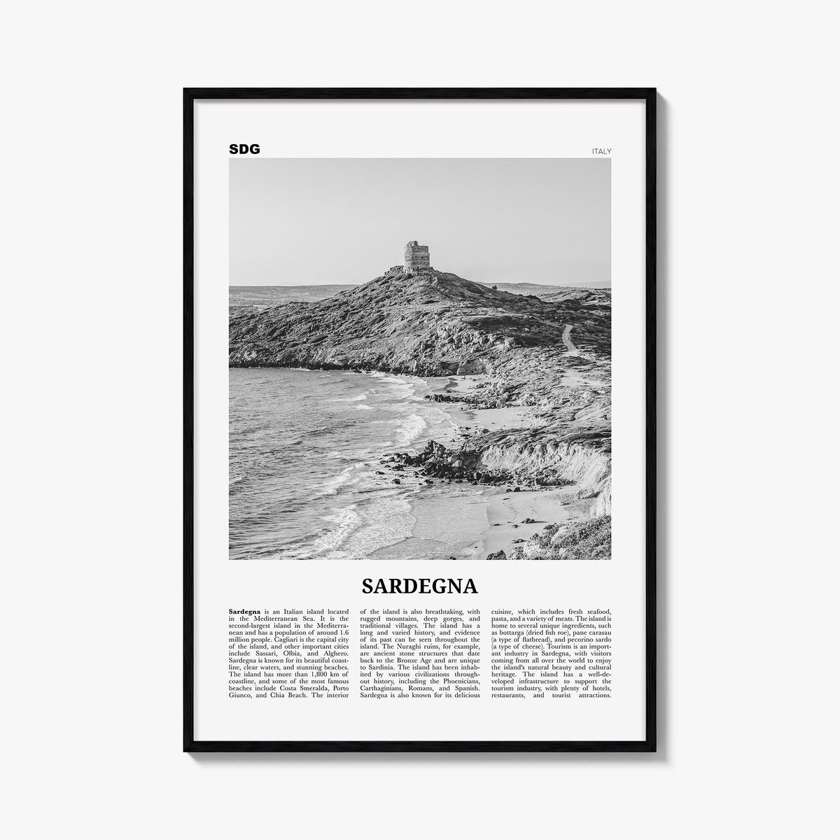Sardinia no. 1 black & white newspaper poster of Sardegna, Italy – vertical wall art, unframed print shown in interior mockup