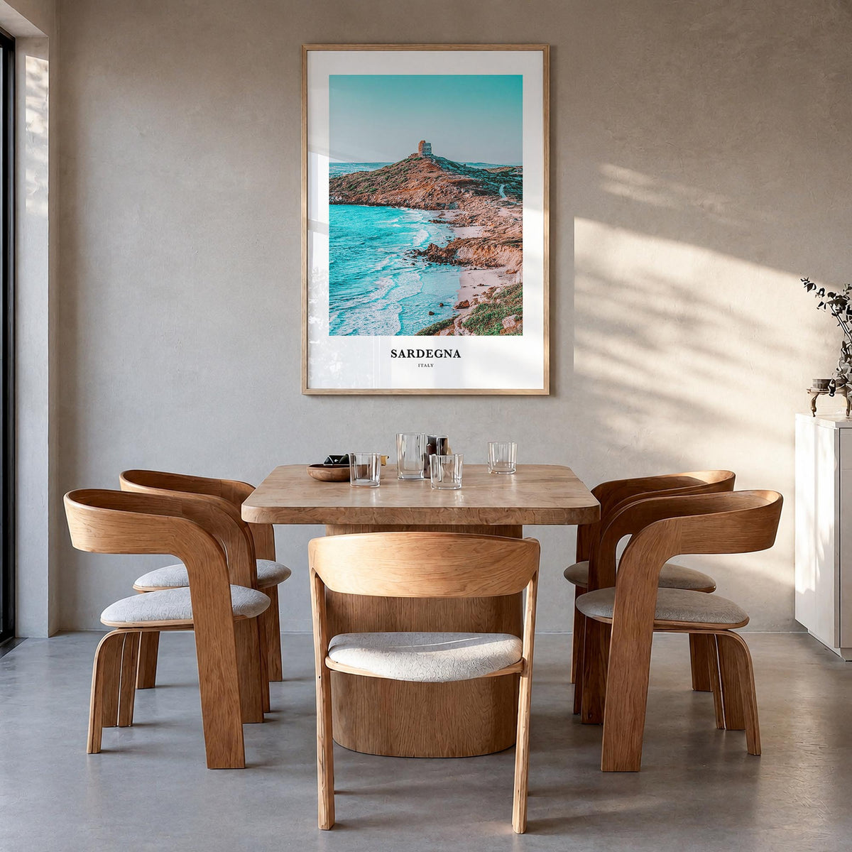 Sardinia no. 1 colorful classic poster of Sardegna, Italy – vertical wall art in natural wood frame, hanging on wall