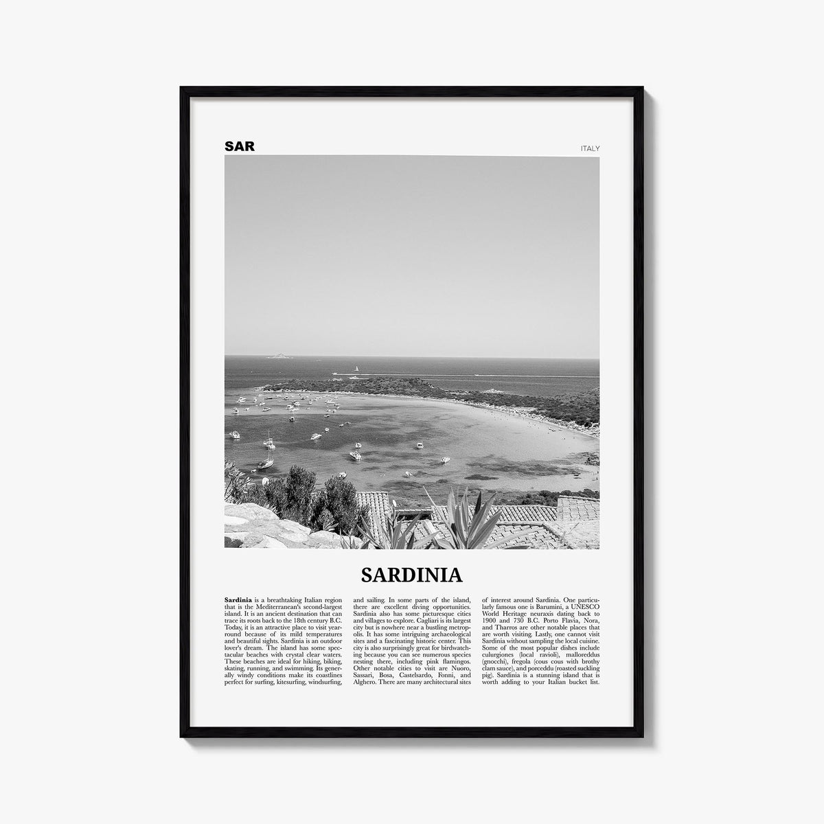 Sardinia no. 2 black & white newspaper poster of Italy – vertical wall art, unframed print shown in interior mockup