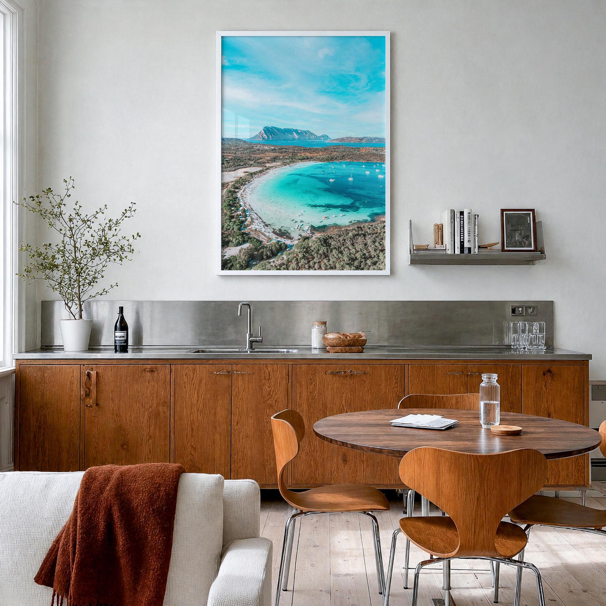 Sardinia colorful photo poster of Italy – vertical wall art in white wood frame, hanging on wall