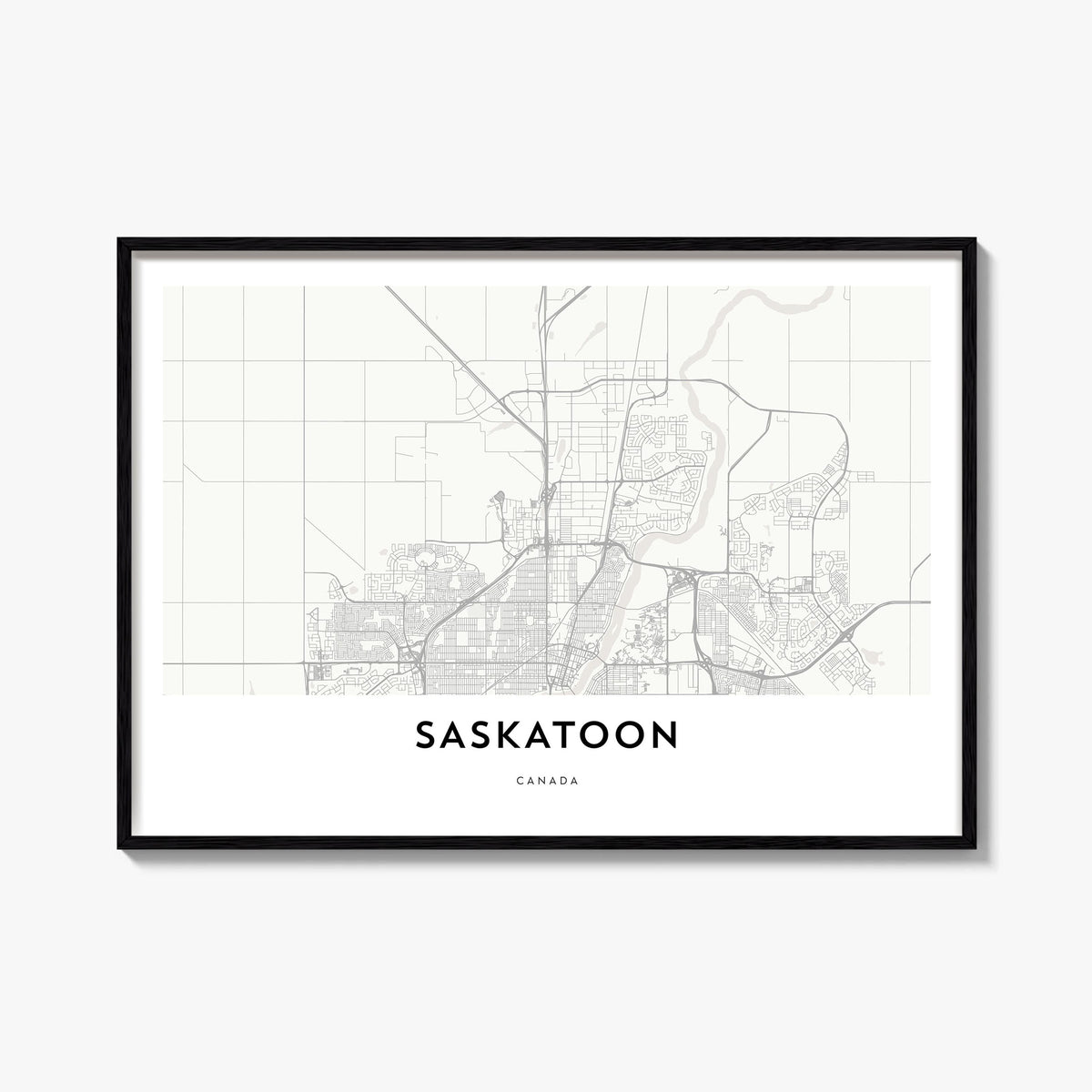 Saskatoon black & white map poster of Saskatchewan, Canada – horizontal wall art, unframed print shown in interior mockup