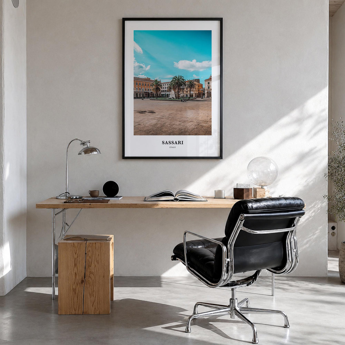 Sassari colorful classic poster of Italy – vertical wall art in black wood frame, hanging on wall