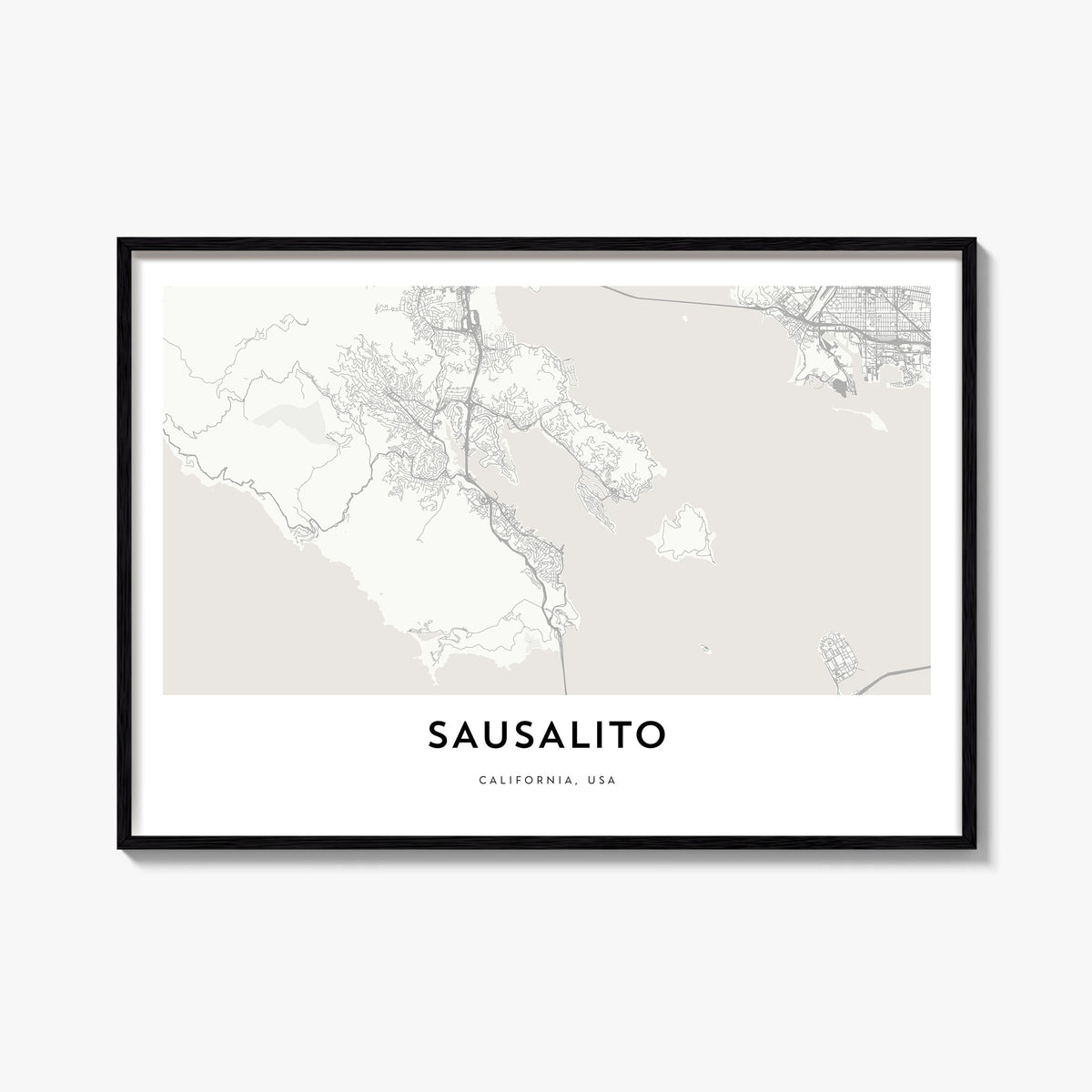 Sausalito black & white map poster of California, USA – horizontal wall art, unframed print shown in interior mockup