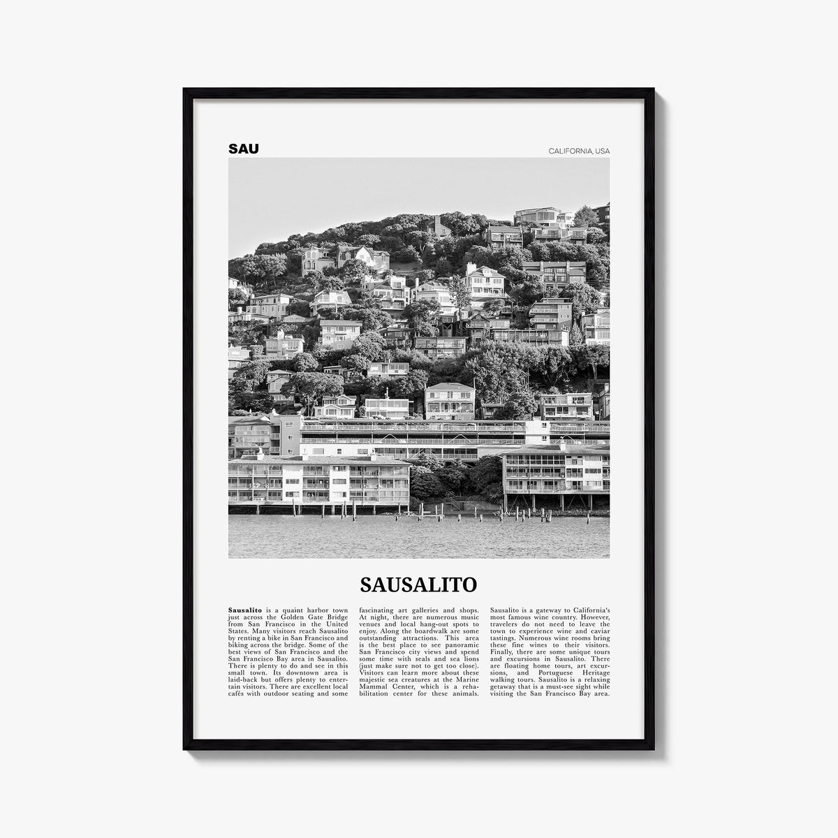 Sausalito black & white newspaper poster of California, USA – vertical wall art, unframed print shown in interior mockup