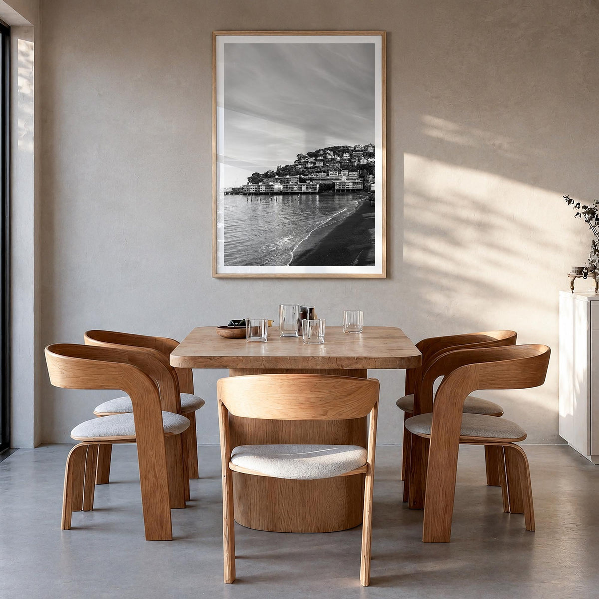 Sausalito black & white photo poster of California, USA – vertical wall art in natural wood frame with white border, hanging