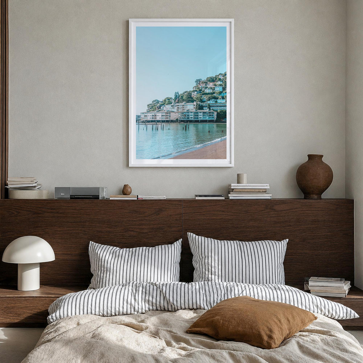 Sausalito colorful photo poster of California, USA – vertical wall art in white wood frame with white border, hanging on wall