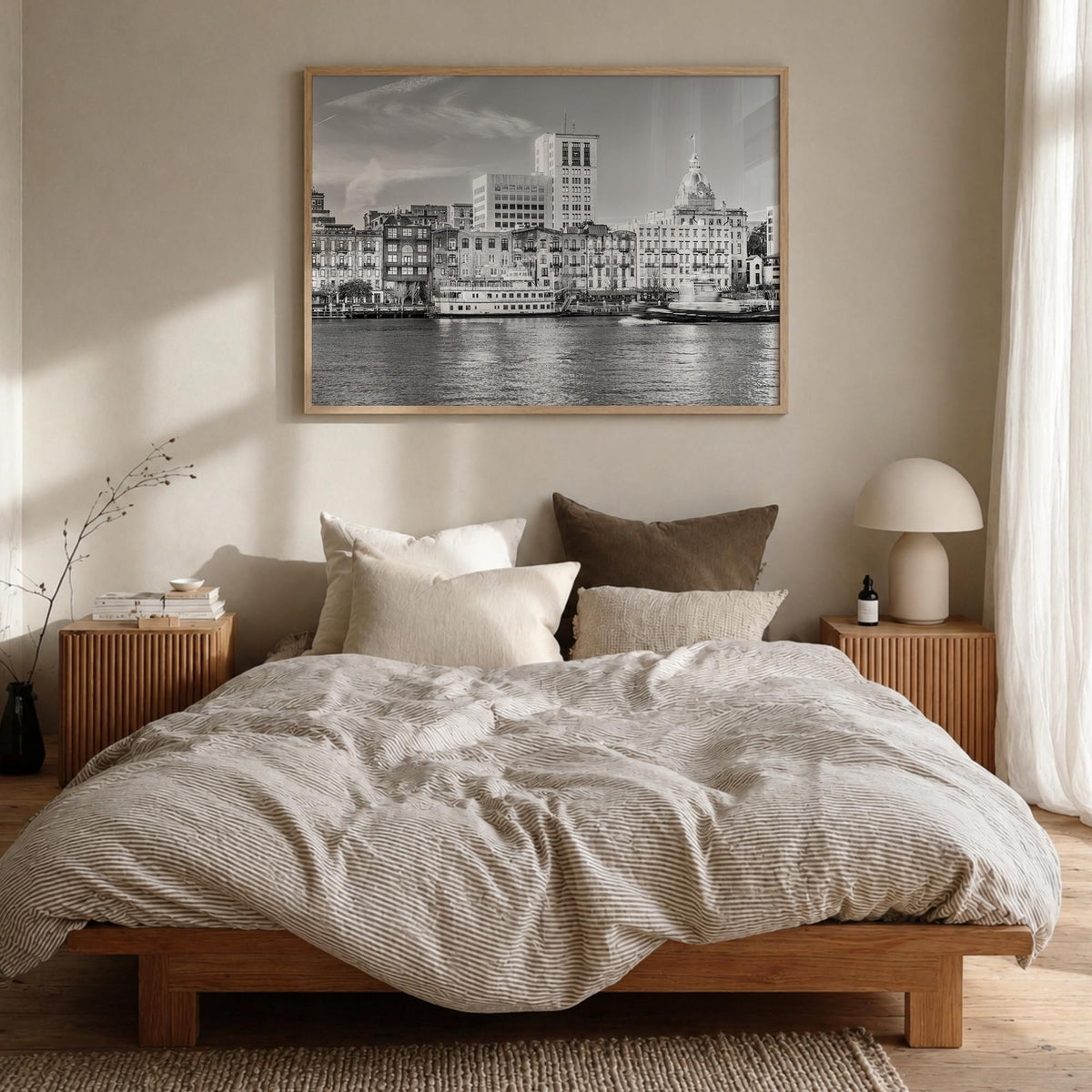 Savannah black & white photo poster of Georgia, USA – horizontal wall art in natural wood frame, hanging on wall