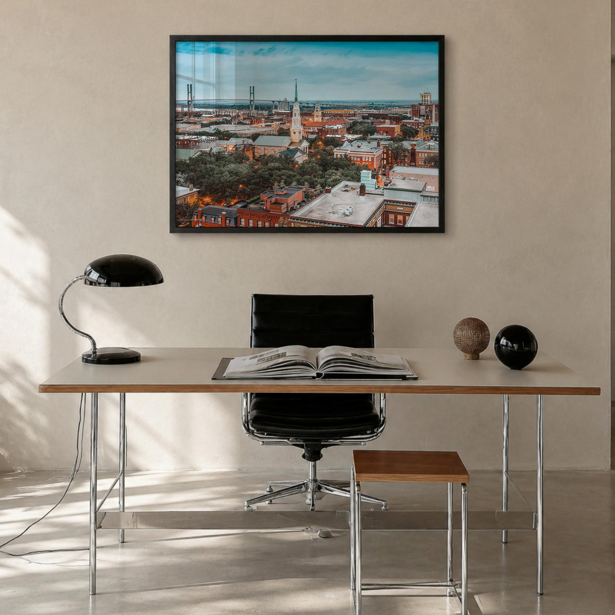 Savannah colorful photo poster of Georgia, USA – horizontal wall art in black wood frame, hanging on wall