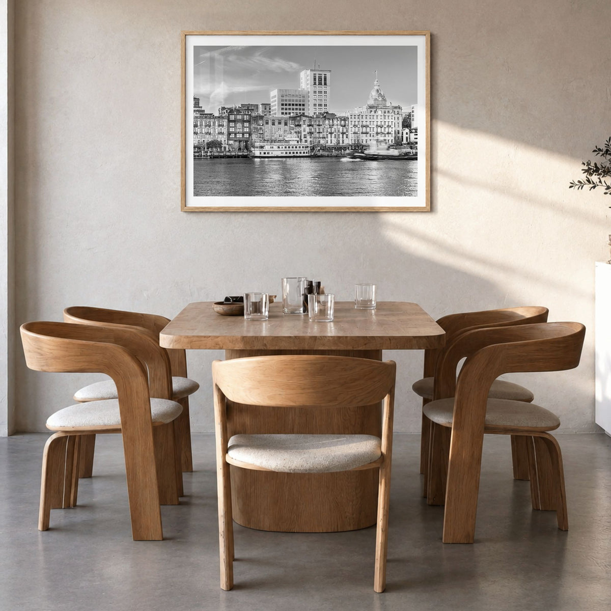 Savannah Photo Poster in a natural wood frame, hanging in a dining room, white border