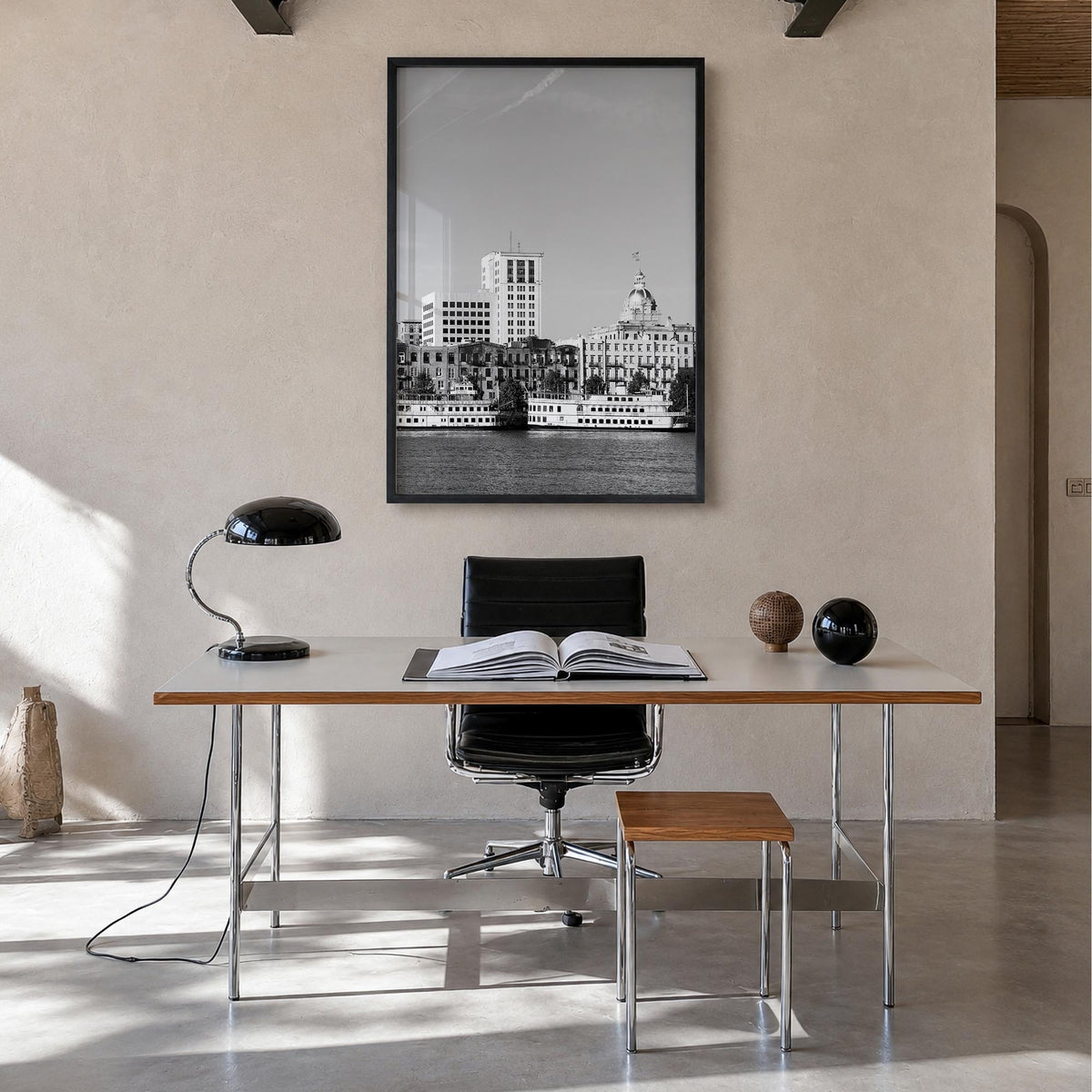 Savannah no. 1 black & white photo poster of Georgia, USA – vertical wall art in black wood frame, hanging on wall