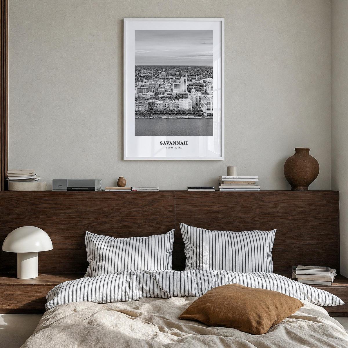 Savannah no. 2 black & white classic poster of Georgia, USA – vertical wall art in white wood frame, hanging on wall