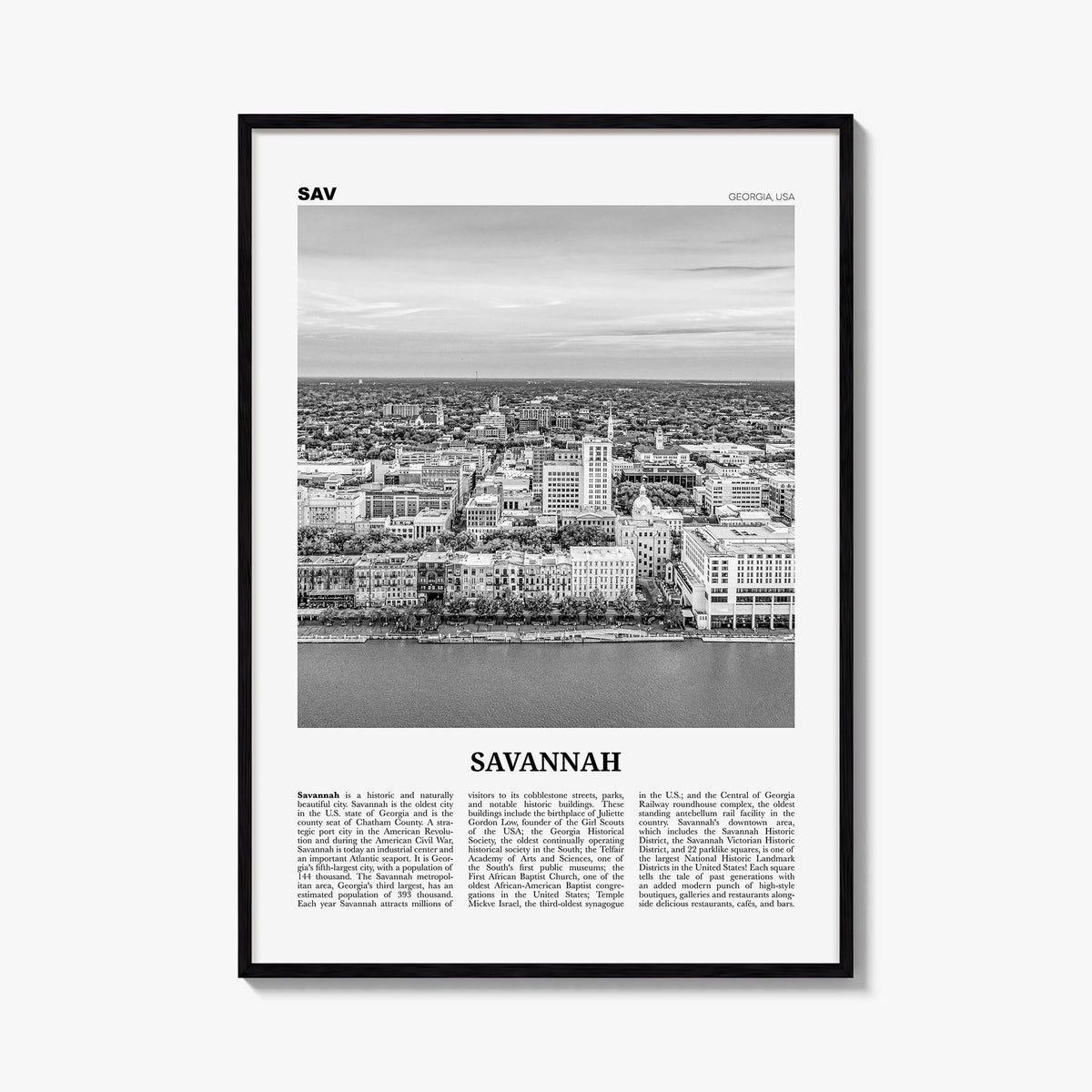 Savannah no. 2 black & white newspaper poster of Georgia, USA – vertical wall art, unframed print shown in interior mockup