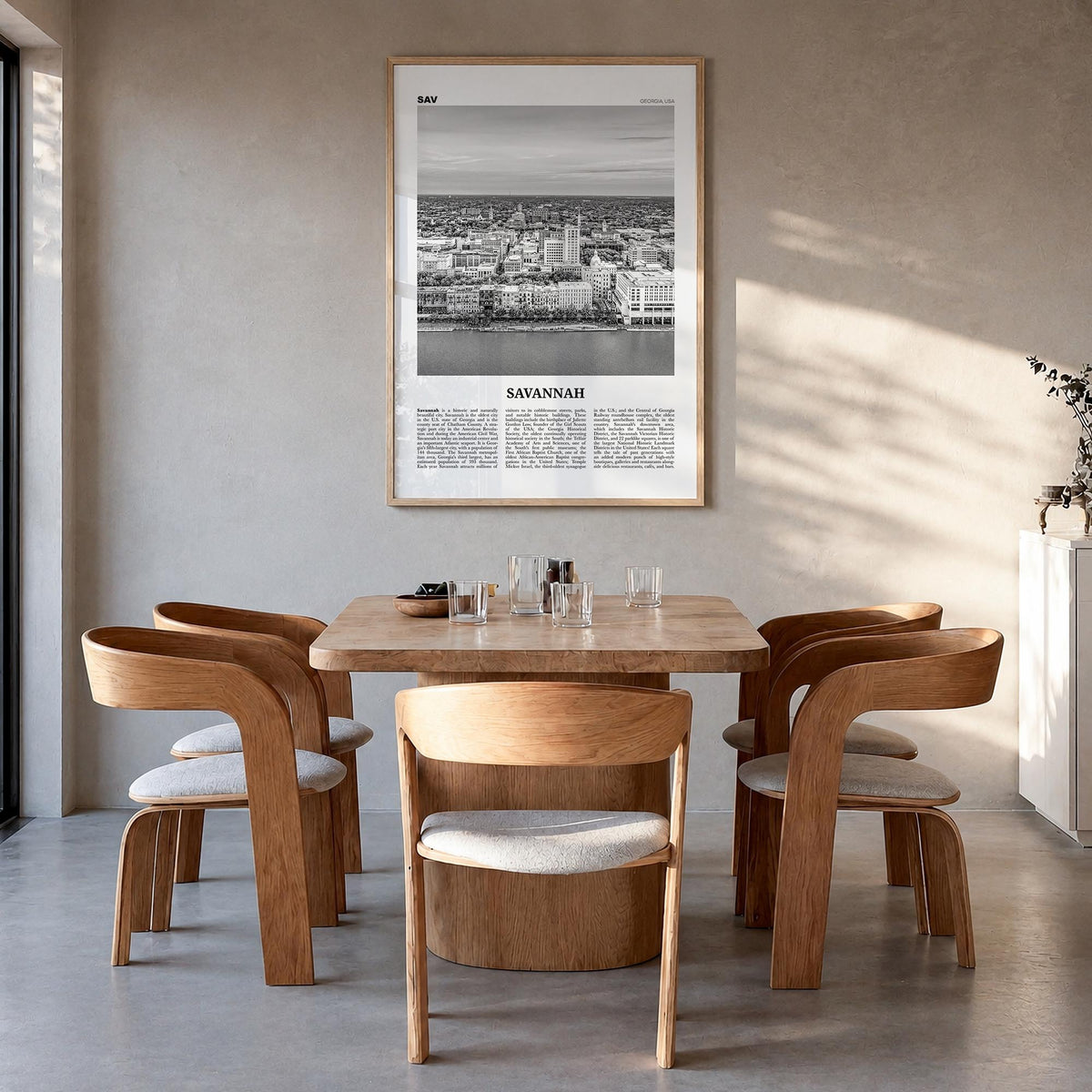 Savannah no. 2 black & white newspaper poster of Georgia, USA – vertical wall art in natural wood frame, hanging on wall