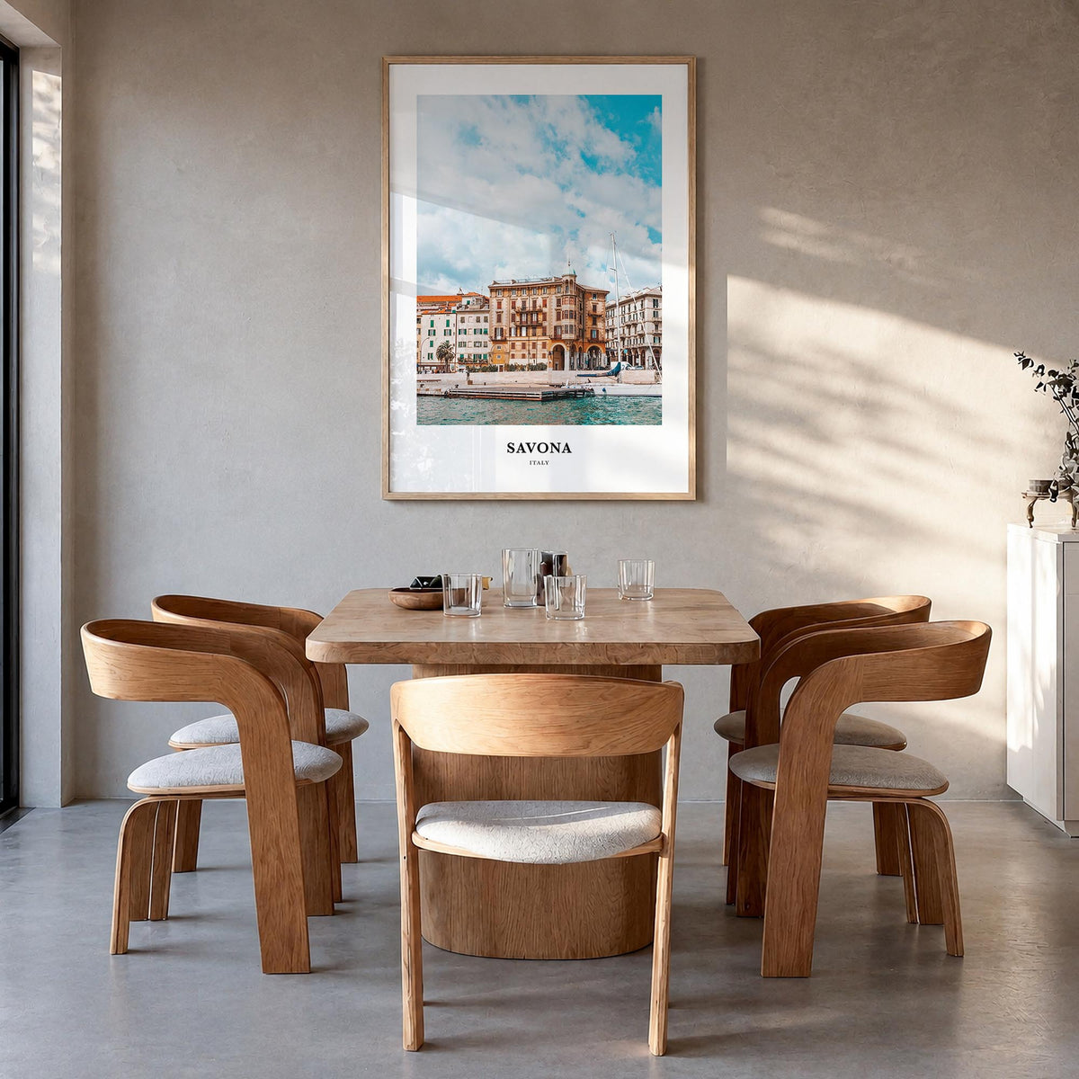 Savona colorful classic poster of Italy – vertical wall art in natural wood frame, hanging on wall