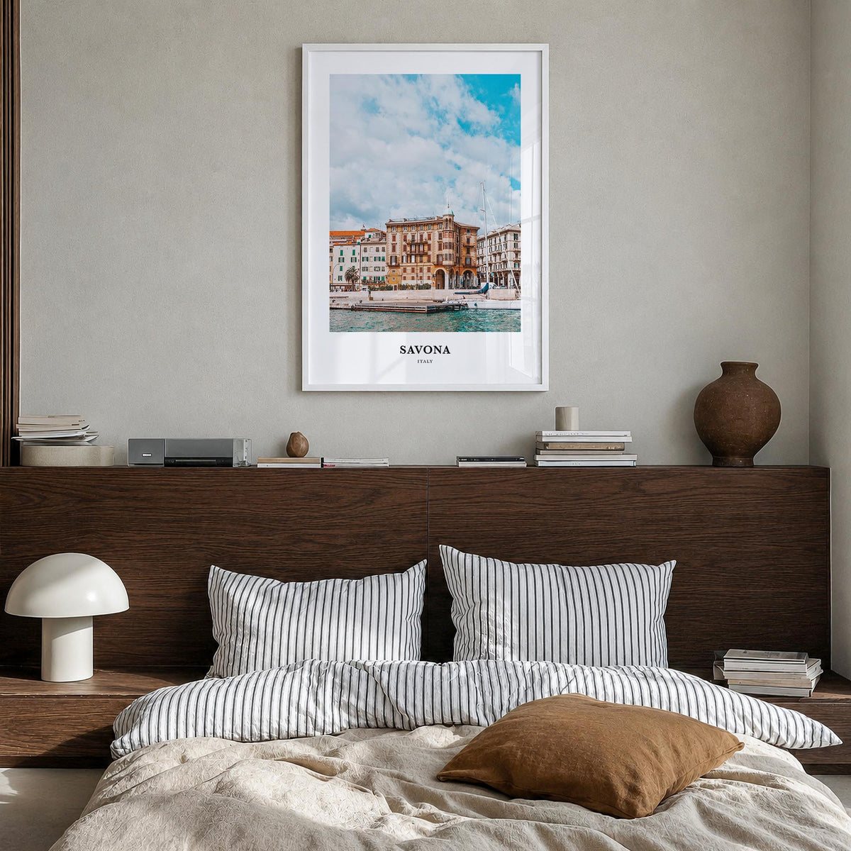 Savona colorful classic poster of Italy – vertical wall art in white wood frame, hanging on wall