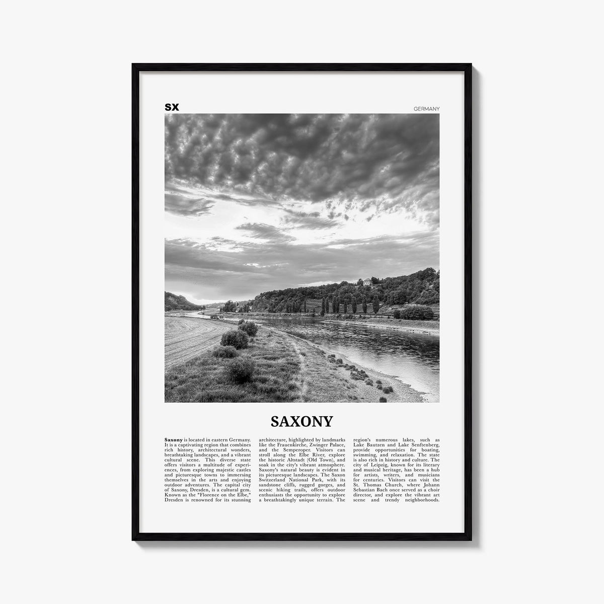 Saxony no. 2 black & white newspaper poster of Germany – vertical wall art, unframed print shown in interior mockup