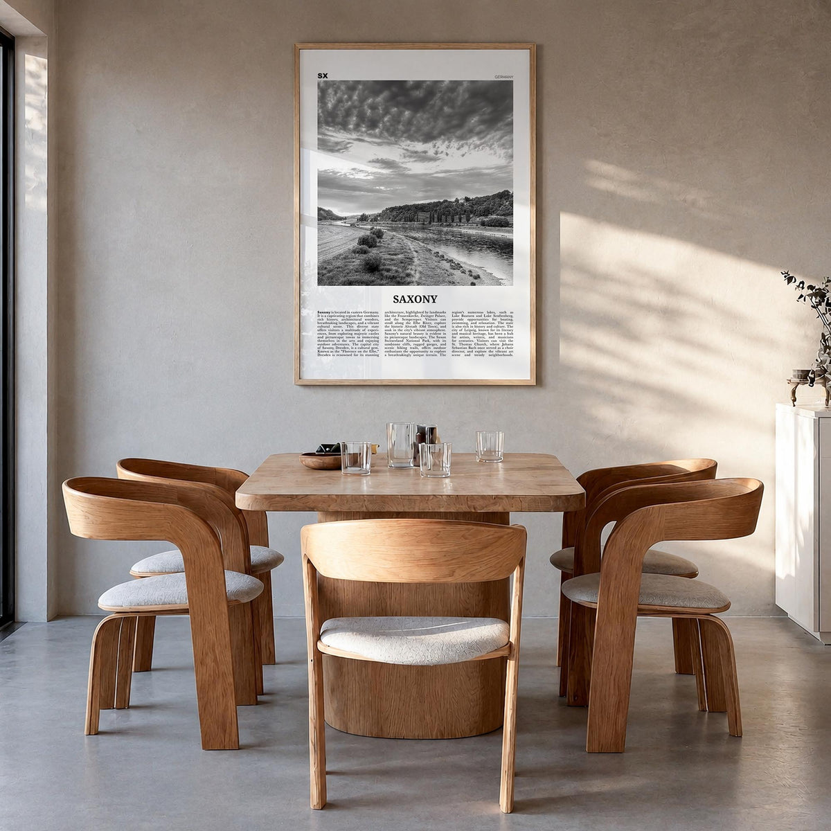 Saxony no. 2 black & white newspaper poster of Germany – vertical wall art in natural wood frame, hanging on wall