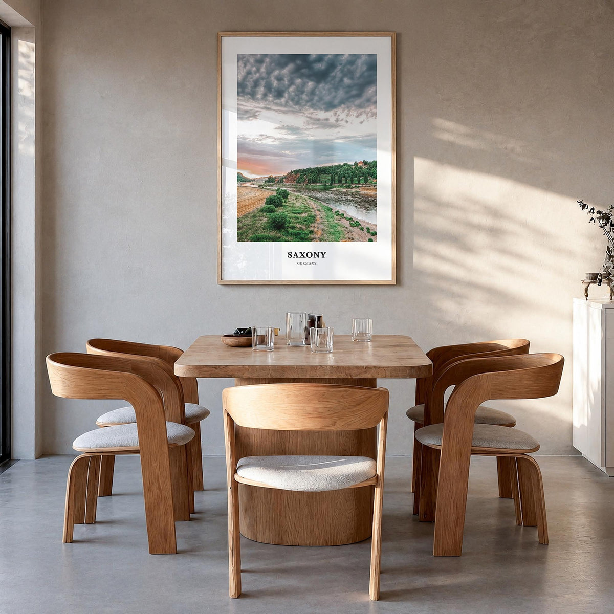 Saxony colorful classic poster of Germany – vertical wall art in natural wood frame, hanging on wall