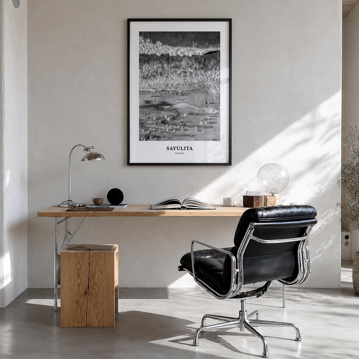 Sayulita black & white classic poster of Mexico – vertical wall art in black wood frame, hanging on wall