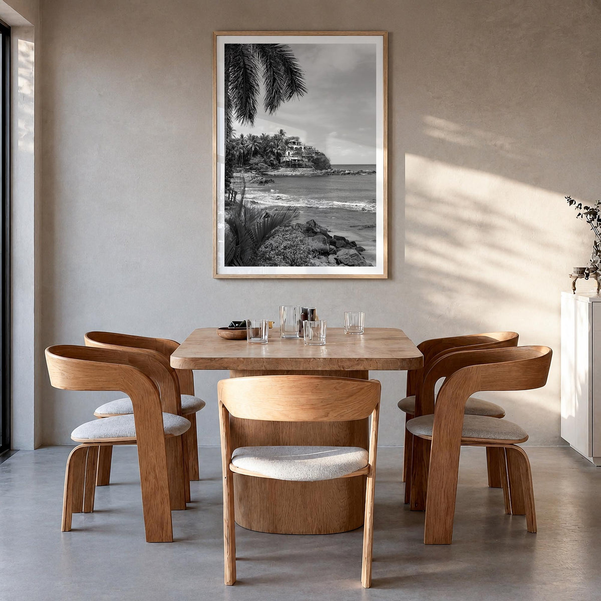 Sayulita black & white photo poster of Mexico – vertical wall art in natural wood frame with white border, hanging on wall