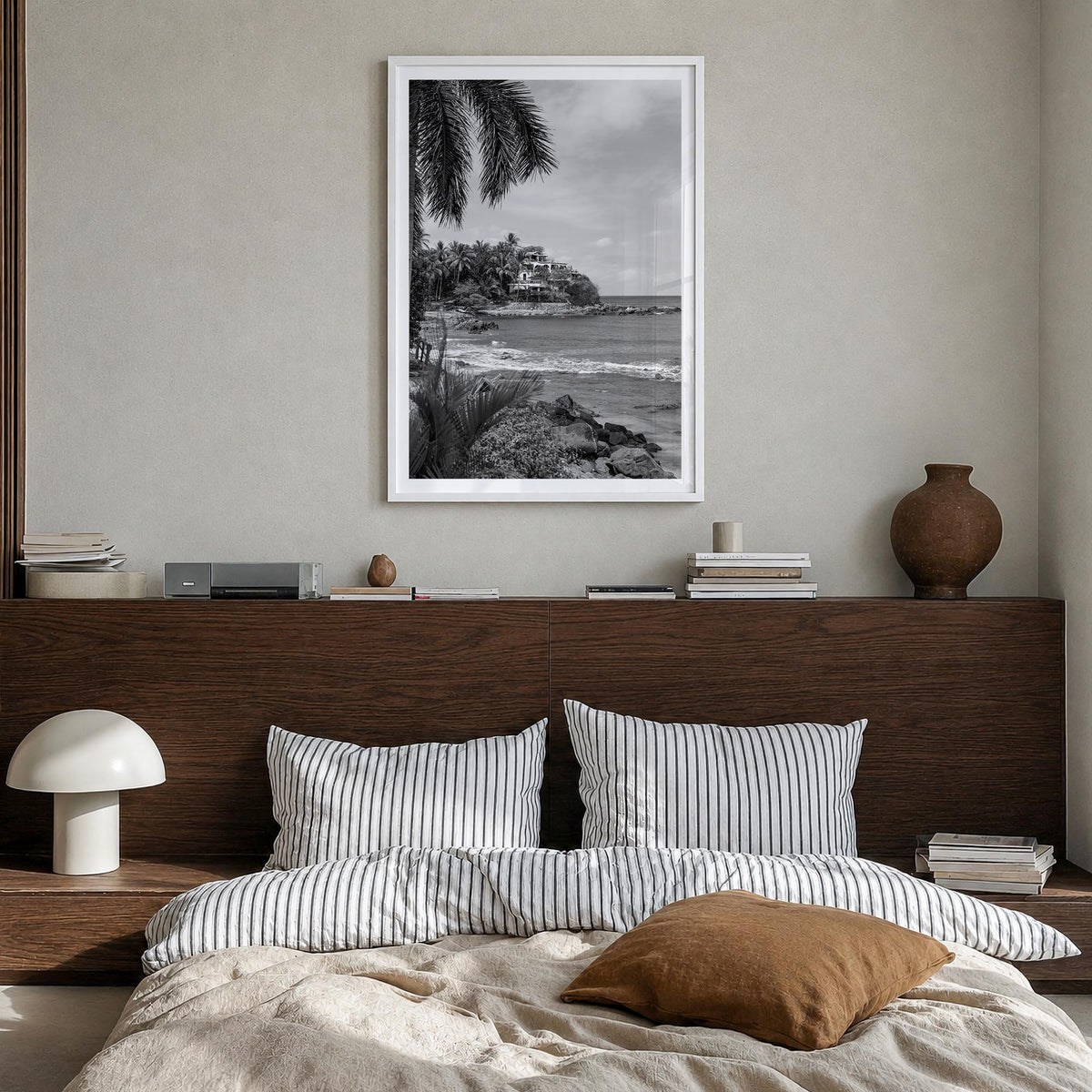 Sayulita black & white photo poster of Mexico – vertical wall art in white wood frame with white border, hanging on wall