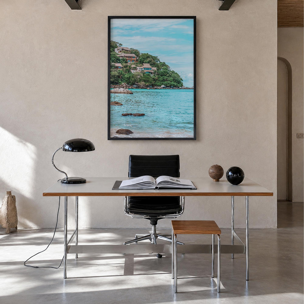 Sayulita colorful photo poster of Mexico – vertical wall art in black wood frame, hanging on wall