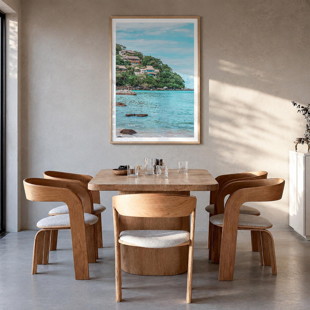 Sayulita colorful photo poster of Mexico – vertical wall art in natural wood frame with white border, hanging on wall