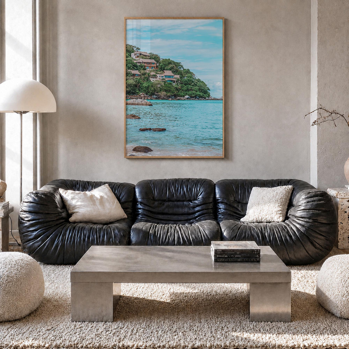 Sayulita colorful photo poster of Mexico – vertical wall art in natural wood frame, hanging on wall