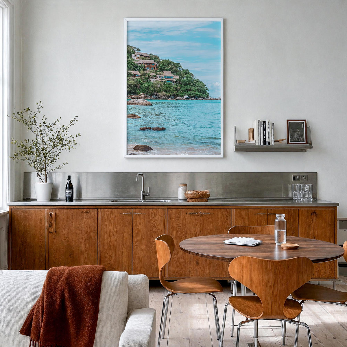 Sayulita colorful photo poster of Mexico – vertical wall art in white wood frame, hanging on wall