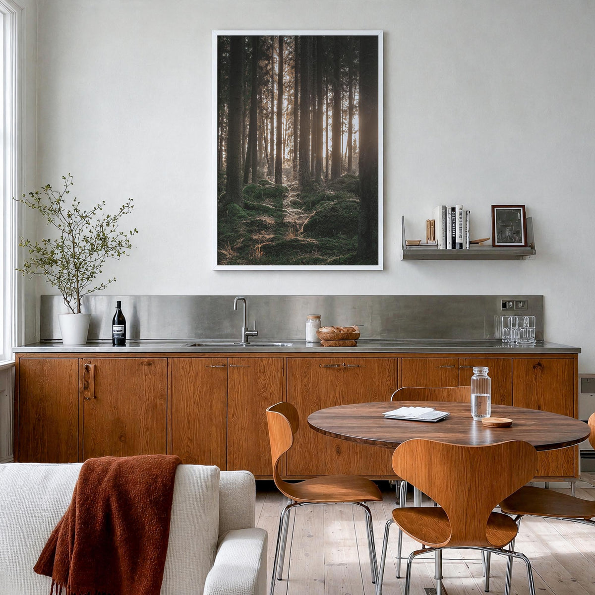 Scandinavian Forest no. 1 colorful photo poster – vertical wall art in white wood frame, hanging on wall