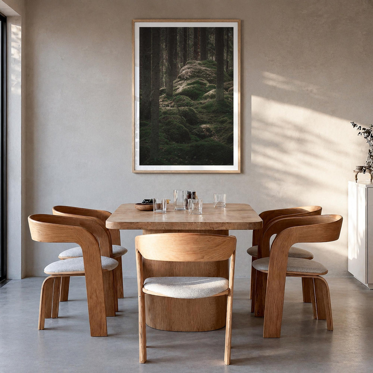 Scandinavian Forest no. 2 colorful photo poster – vertical wall art in natural wood frame with white border, hanging on wall