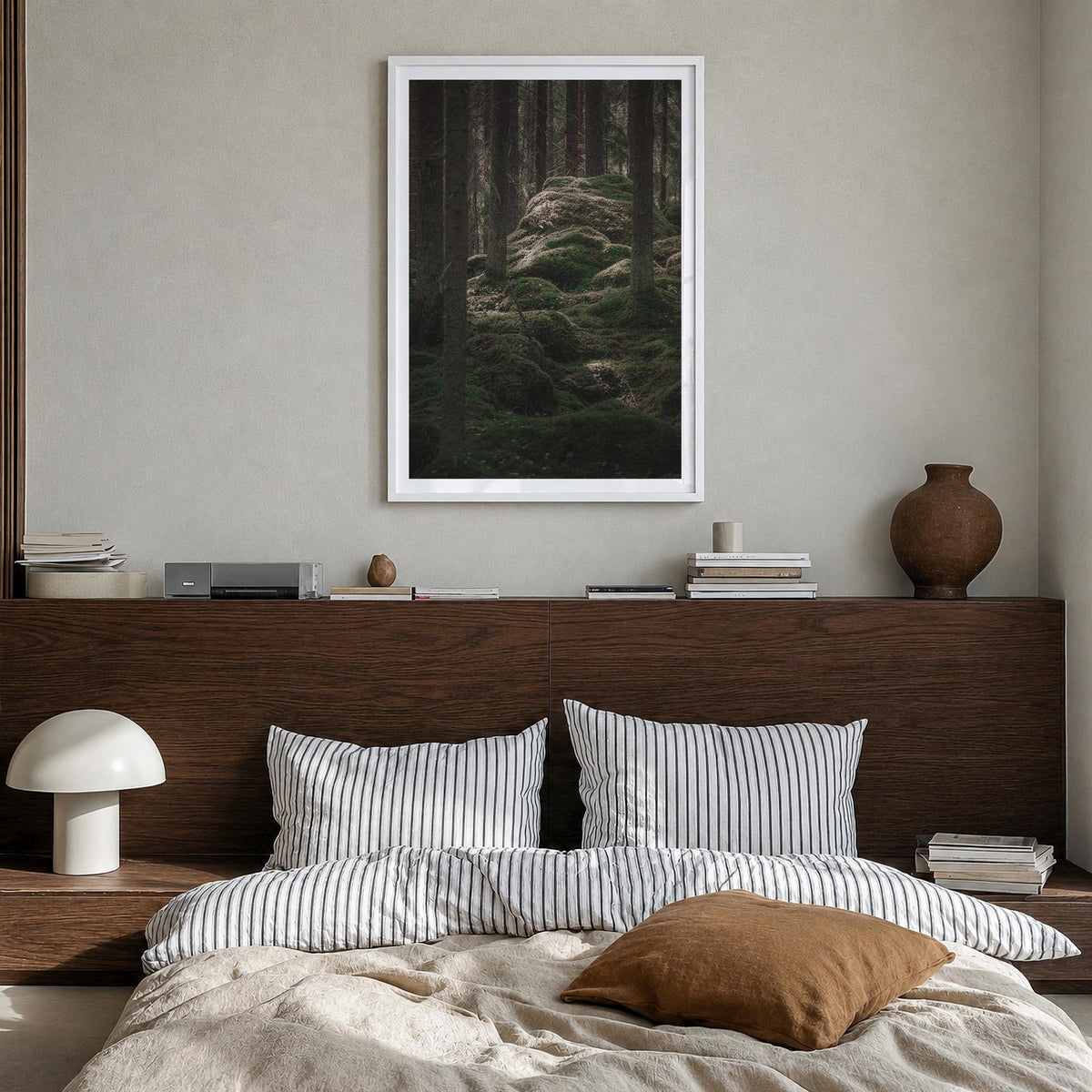 Scandinavian Forest no. 2 colorful photo poster – vertical wall art in white wood frame with white border, hanging on wall
